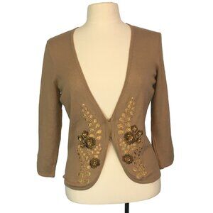 Ann Taylor Womens Silk Cotton Cashmere Blend Tan‎ Cardigan Sweater Beads Sequins